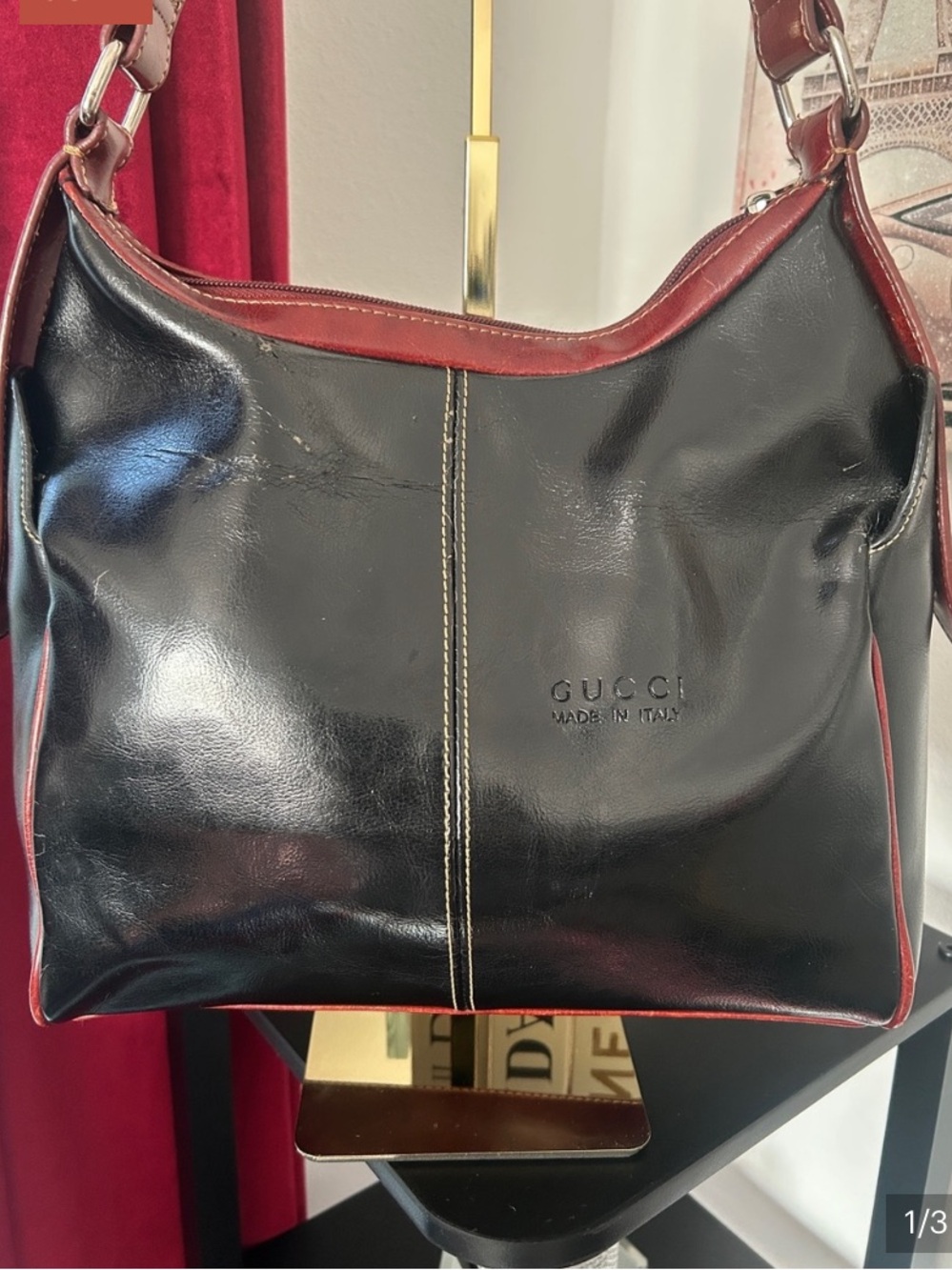 Gucci Black Leather shoulder Bag with brown Trim